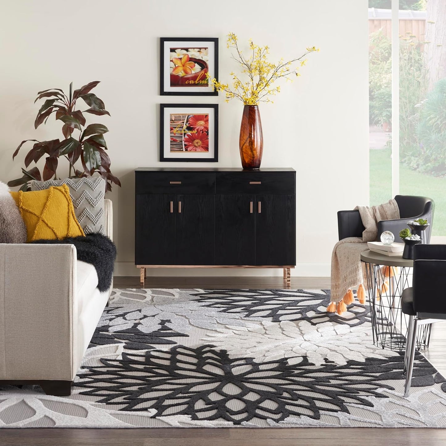 Nourison Aloha Indoor/Outdoor Black White 7' x 10' Area Rug, Tropical, Botanical, Easy Cleaning, Non Shedding, Bed Room, Living Room, Dining Room, Deck, Backyard, Patio (7x10)