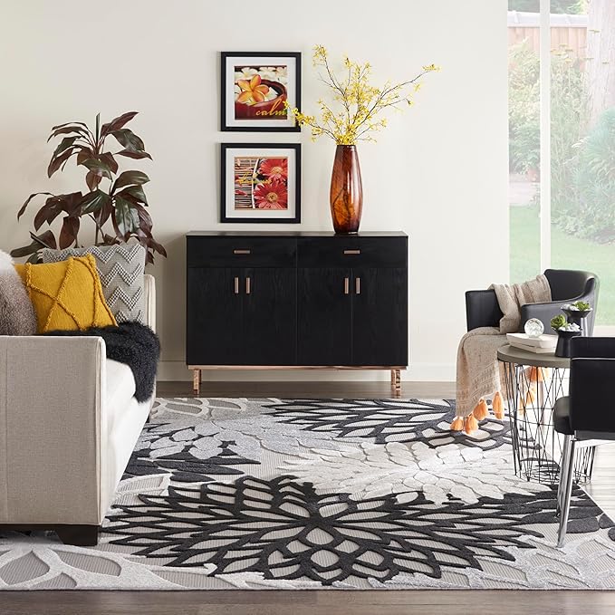 Nourison Home Aloha Indoor/Outdoor Black White 9' x 12' Area Rug, Tropical, Botanical, Easy Cleaning, Non Shedding, Bed Room, Living Room, Dining Room, Deck, Backyard, Patio (9x12)
