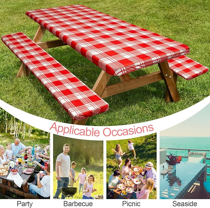 Picnic Table Cover with Bench Covers Camping Essentials Waterproof Windproof Camping Tablecloth with Drawstring Bag, Fitted Rectangle Tables and Seats, 96in, Red Checkered