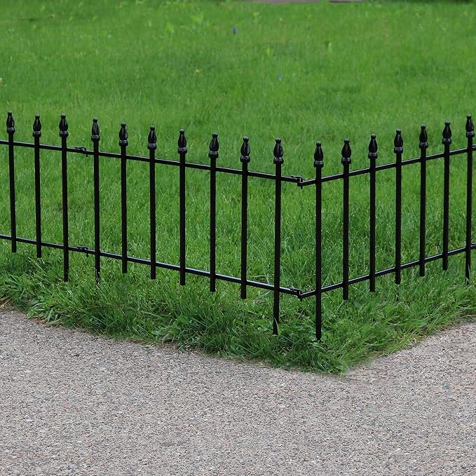 Sunnydaze Decorative Garden Fence Border - 22 in W x 18 in H No Dig Metal Edging for Flower Beds, Yard, Lawn, Pathways and Landscaping - Roman Finial Design - 9ft - 5 Panels - Black
