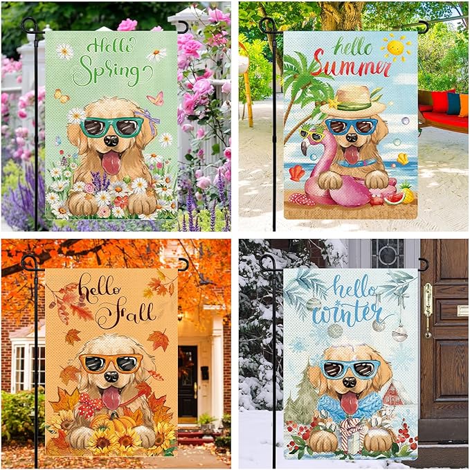 Golden Retriever Seasonal Garden Flags Set of 12, Welcome Seasonal Garden Flags 12x18 Double Sided, Dogs Yard Flags for All Holidays, Fall Winter Halloween Christmas Flag for Outdoor Farmhouse Decor