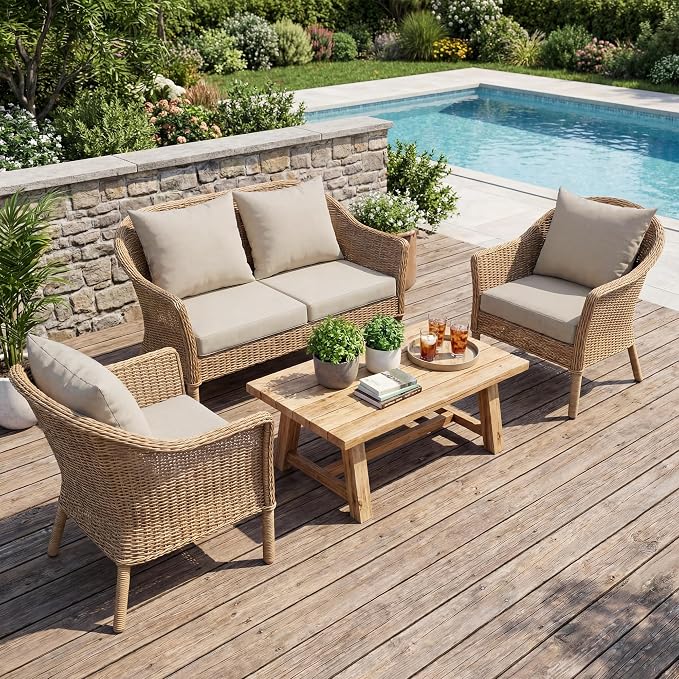UNIKOME Outdoor Seat Cushions 19 X 19 Inch - Water-Resistant & Fade Resistant, Removable Cover Patio Furniture Cushions for Chair, Sofa, Couch, Wicker, Beige