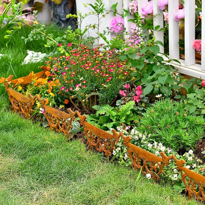 Sungmor Decorative Cast Iron Garden Edging Border, 4 Pack Rustic Brown Landscape Edging Low Picket Fence, 9.9inch Tall Outdoor Flower Bed Lawn Fence Panels, Vintage Metal Yard Decor Stakes