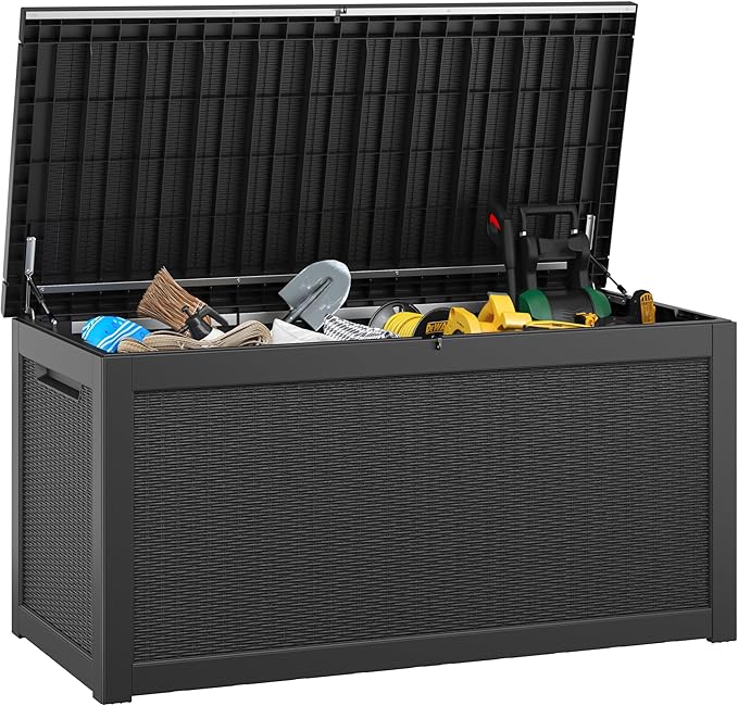 KAMABOKO 300 Gallon Outdoor Storage Box, Resin Deck Boxes Indoor and outdoor, Waterproof Storage Box Lockable Lid for Garden Tools, Package Delivery, Patio Cushions, Black