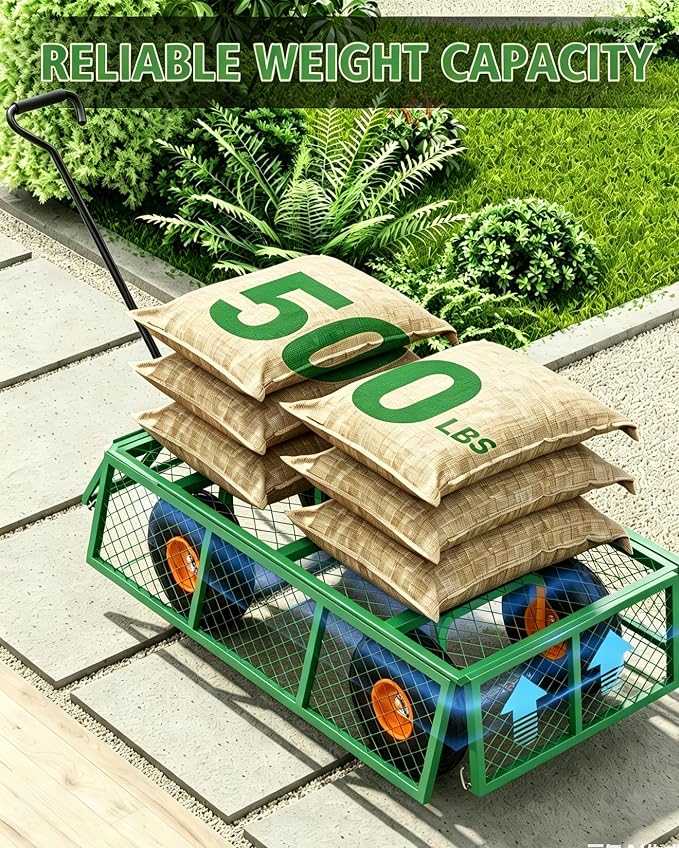 Garvee Steel Garden Cart, 500 LBS Capacity Utility Outdoor Wagon, Heavy Duty Mesh Garden Metal Wagon with Removable Sides, Flexible Handle for Yard, Lawn, Garden