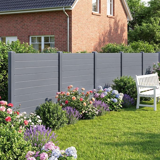 HAPPYGRILL Air Conditioner Fence, 4 Panels Outdoor Privacy Screens with Metal Stakes, No Dig Pool Equipment Enclosure, 48" x 38" Trash Can Screen Fence Kit for Outside Backyard, Gray