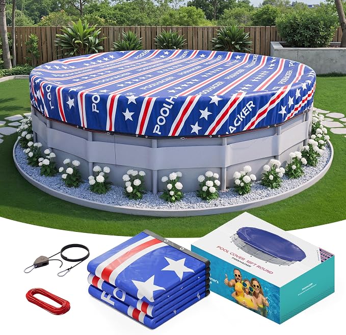 POOLHACKER【2025 Upgrade】 18 ft Winter Pool Cover - 18ft Round Above Ground, 4 Foot Overlap Extra Thick 420D Pool Cover with Pulley and Cable (Red)