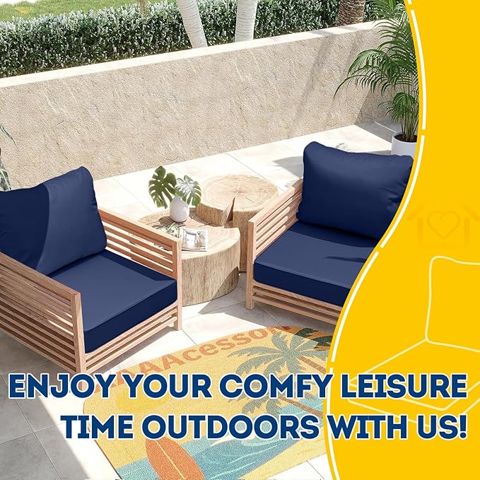 AAAAAcessories Outdoor Seat Cushions for Chairs, Fade-Resistant, Waterproof Patio Furniture Replacement Cushions, 23.5" x 25.5" x 5" + 23.5" x 19", Navy Blue
