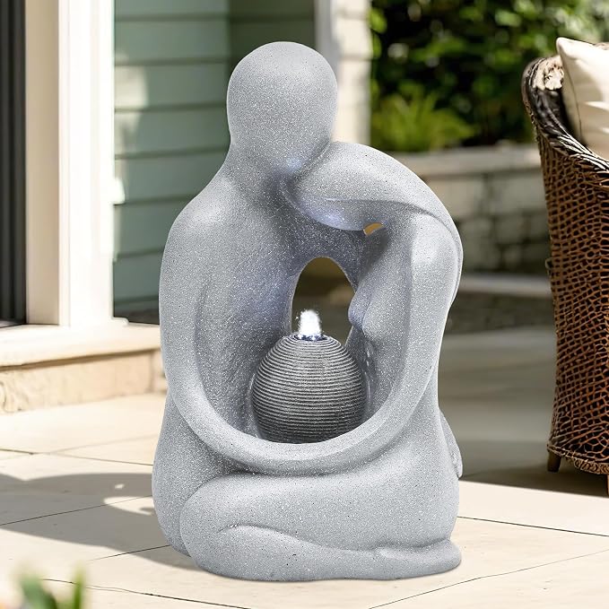 AUTODAYA 20.9in Hugging Couple Outdoor Water Fountain with LED Lights, Modern Couple Silhouette Garden Water Fountain for Patio, Yard,or Indoor Décor