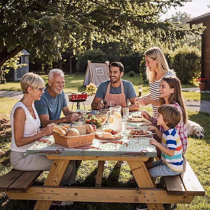 Fitted Waterproof Picnic Table Cover with Bench Covers Heavy Duty Elastic Outdoor Camping Tablecloth for 6 Foot Rectangle Tables Summer Rv Accessories Patio Garden Road Trip Essentials Gifts