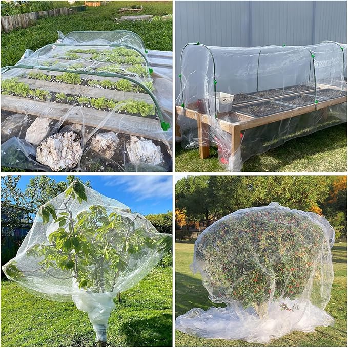 GonLei 10x30FT Garden Mesh Netting Kit Raised Beds (6 Pcs Garden Hoops & 18 Clips) Garden Hoops Plant Row Covers Netting Protection Berry Bush Trees Grass Seed Barrier Net