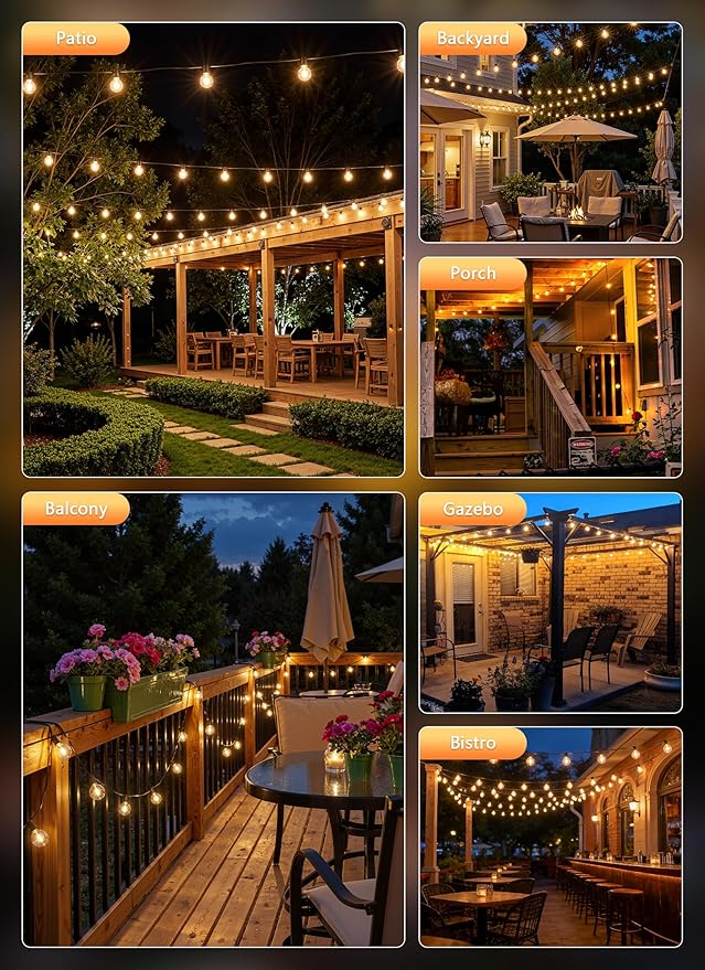 Brightown 37Ft Outdoor String Lights with Remote, 11 G40 Shatterproof LED Bulbs, Waterproof Connectable Hanging Patio Lights for Porch, Backyard, Bistro, Deck, Balcony, Home Decor, 2700K Dimmable