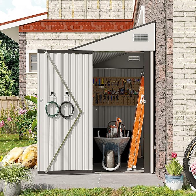 YOPTO 4x8 FT Outdoor Metal Storage Shed,Waterproof Lean to Tool Sheds,Heavy-Duty Unit with Single Hinge Side Door and Ventilation Windows,Weather Resistant,for Backyard,Patio,Lawn,White