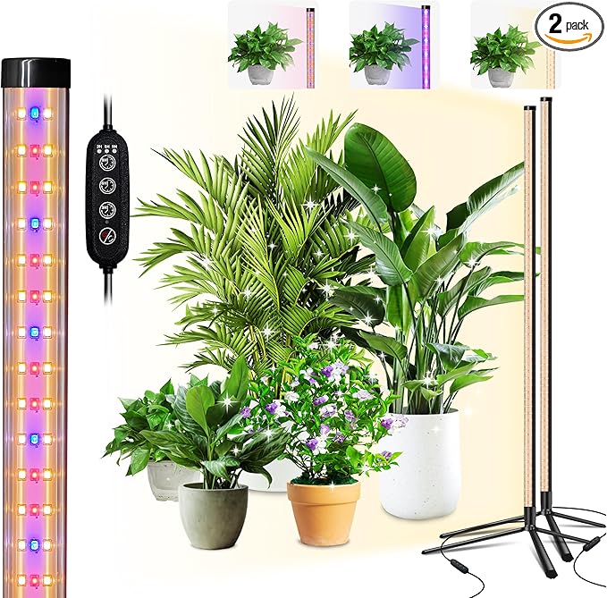 Standing Grow Light for Indoor Plants with Timer,42W Full Spectrum Vertical Grow Lights for Indoor Plants,4FT T8 243LED Plant Lights for Indoor Growing with On/Off Timer Function, 2 Pack