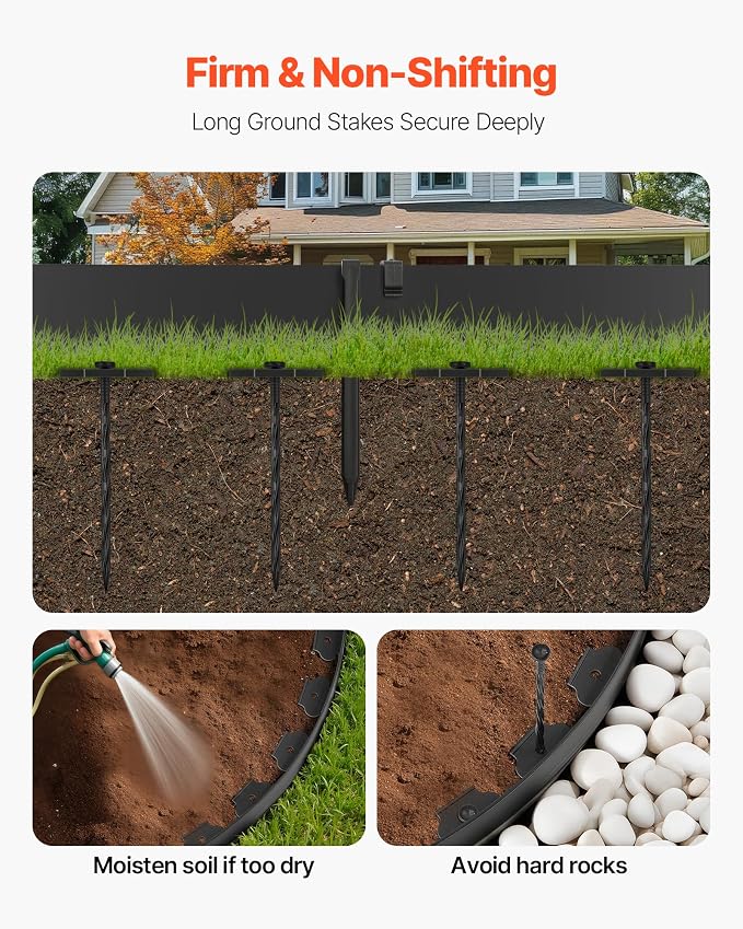 VEVOR Landscape Edging, 66 ft x 4 in Plastic Garden Border Edging with 60 Spikes & 2 Ground Stakes, No Dig, Flexible Lawn Edgings Roll, UV-Resistant Mini Fence Borders for Flower Beds Yard Paver