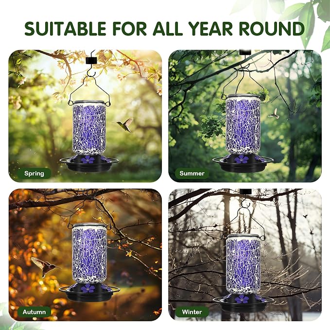 Glass Hummingbird Feeder,Purple Hummingbird Feeders for Outdoors Hanging, 19 Ounces, Mosaic Bottle Easy to Clean, 5 Feeding Ports, Ant Moat Included