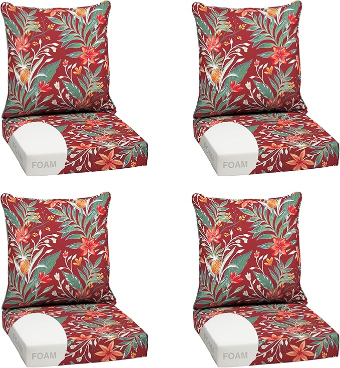 Arden earthFIBER Outdoor Foam Deep Seat Cushion (4-Pack), 24x24, Premium High-Density Foam, Never Flattens, Weather-Proof for Patio Chair Sofa Couch, Luau Red Tropical Floral