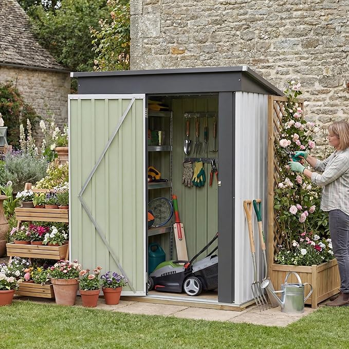 Greesum 5x3FT Outdoor Storage Shed with Base, Utility Tool Shed with Sloping Roof, Metal Storaged Garden Shed with Door & Lock for Patio Storage, White