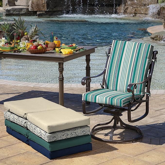 Arden 2-Pack Outdoor Patio Dining Chair Cushion, 20x44, Rain-Proof Seat Pad, Fade-Resistant Outdoor Cushion Teal Cobalt Stripe