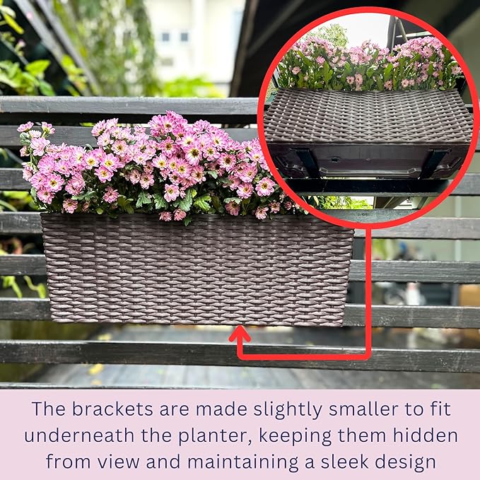 LaLaGreen Outdoor Rail Planter for Balcony (20 Inch, 2 Pack) Large Black Self Watering Railing Planters with Brackets, Rectangular Plastic Window Flower Box Fence Designer Choice with Rattan Pattern