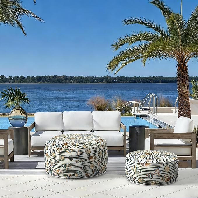 LVTXIII Indoor/Outdoor Large Inflatable Ottoman Pouf D31 x H14 Inch, Round Footstool with Handle, Weather-Resistant Portable Furniture for Patio, Camping, Beach, Cabana Shells