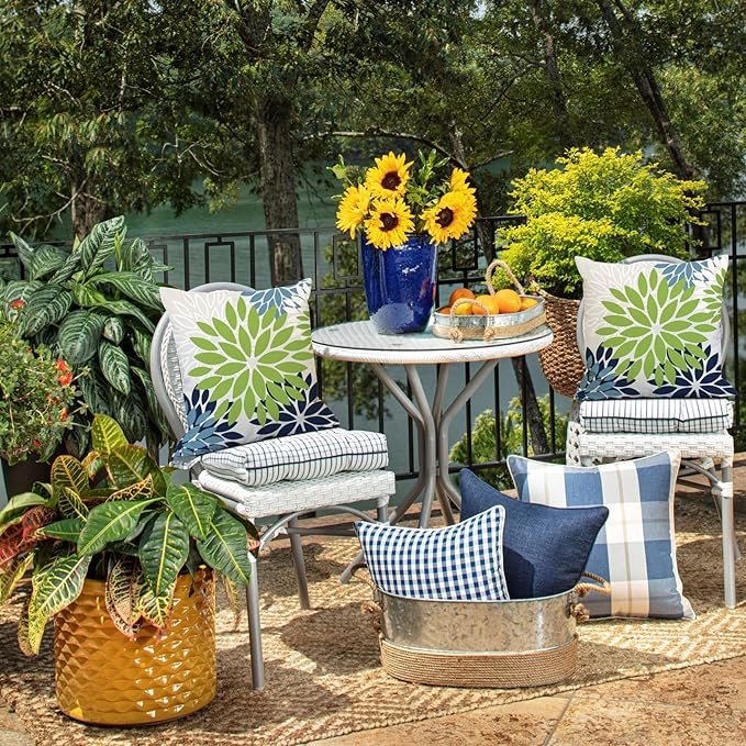 DFXSZ Green Blue Flower Pillow Covers 20x20 Inch Set of 2 White Gray Colored Throw Pillows Outdoor Waterproof Decor for Living Room Sofa Patio Funiture Garden Floral Polyester Pillow Covers 002K20
