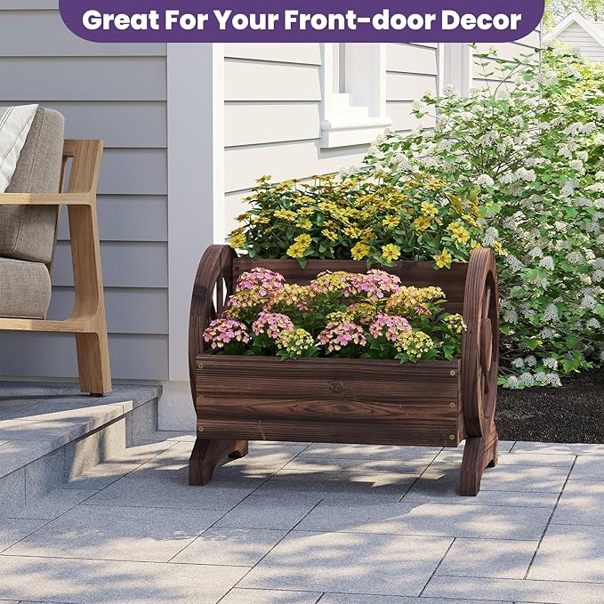 Wooden Wagon Planter Flower Cart Farm Stand Garden Decor Planter for Outdoor Patio Balcony Decoration,Rustic Farmhouse Wishing Well Decor Succulent Planter Indoor Backyard (Carbonized)