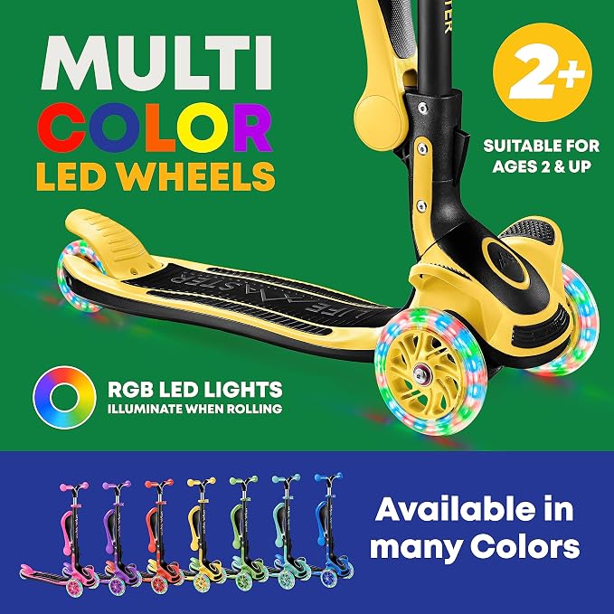 3 Wheel Scooter for Kids with Foldable Seat, Adjustable Handlebar Height, Lean-to-Steer Ride On Toy for Kids Ages 2+, Light-Up LED Wheels, Wide Anti Slip Deck, Indoor & Outdoor Use