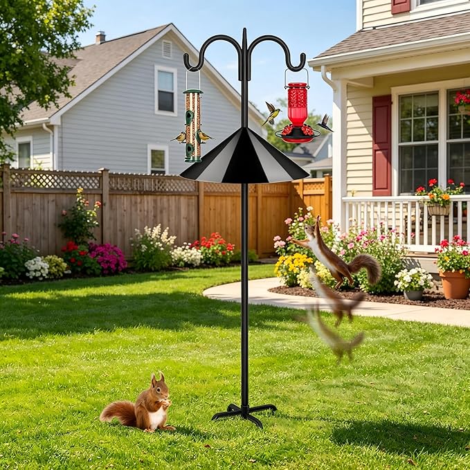 FEED GARDEN Bird Feeder Pole Squirrel Proof 92" Heavy Duty Shepherds Hook for Outdoor, Double Hooks with 19" Squirrel Baffle, 5-Prong Base Adjustable Bird Feeder Stand for Plants & Lanterns