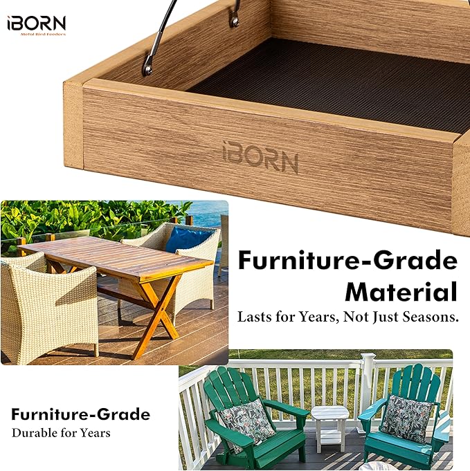 iBorn Platform Bird Feeder Tray, Chew Proof Bird Feeders for Outdoors Hanging, Flat Birdfeeder Tray with Large Capacity 3LBS, WPC Recycled Plastic & Cedar Look, Waterproof, 10.5"x10.5", Raw