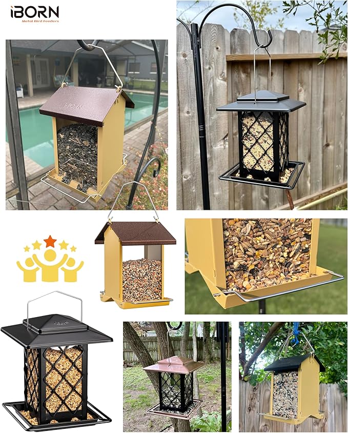 iBorn Bird Feeder House, Metal Bird Feeders for Outdoors Hanging,Double-Sided Metal Hanger & Weatherproof, Easy to Clean & Refill, 1.5 Lbs Capacity, Muted Yellow