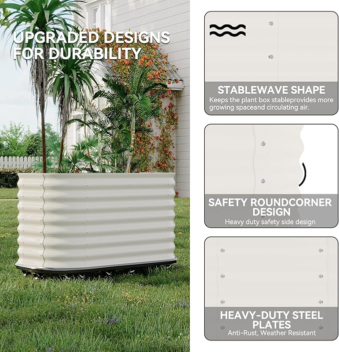 GarveeHome Self-Watering Wheeled Metal Garden Bed – Mobile Raised Planter Box with Water, Galvanized Steel Indoor/Outdoor Rolling Grow Station for Herbs, Veggies & Decor （59 in x23.6 in x27.5,White