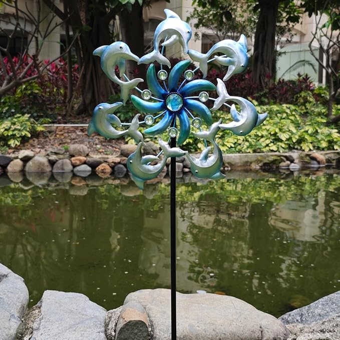 COOZZYHOUR 39" Dolphin Wind Spinners Metal Windmill Garden Stake,Ocean Theme Outdoor Wind Spinner,Wind Sculptures Yard Art Decorations for Patio,Lawn & Garden Decor