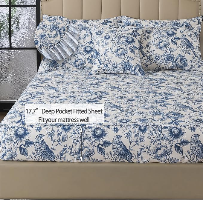 FADFAY Sunflower Bird Sheets Set King 100% Egyptian Cotton Blue Toile de Jouy Bedding Vintage Blue and White Floral Farmhouse Bedding Shabby French Country Sheets Deep Pocket Soft Breathable 4Pcs