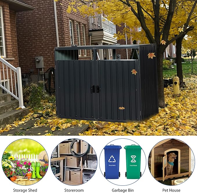 YOPTO Garbage Bin Storage Shed for 2 Trash Cans,Outdoor Trash Can Storage for Patio,Stainless Galvanized Steel Bin Shed,Rust-Proof & Scratch-Resistant Trash Can Hider,for Garden,Yard,Lawn,Black