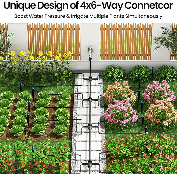 Bonviee 50FT 1/2" Drip Irrigation Tubing with 4-Pack 6-Way Connectors, Flexible Blank Distribution Hose Main Line for Garden Watering System, Raised Beds, Flower & Vegetable Gardens