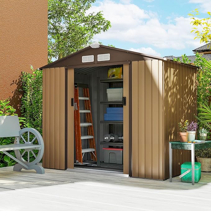 Outsunny 7' x 4' Outdoor Storage Shed, Garden Tool Metal Shed with Foundation Kit, Double Lockable Door, Air Vents and Sloping Roof, for Backyard, Patio, Lawn, Yellow
