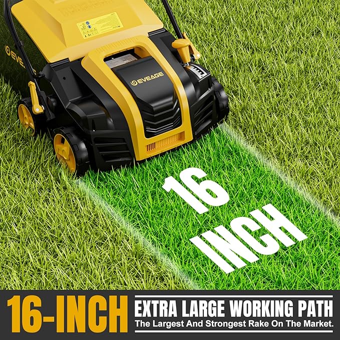 EVEAGE 16-Inch 15 Amp Electric Dethatcher & Scarifier, 2-in 1 Thatcher for Lawn with 5-Position Depth Adjustment, 14.5gal Collection Bag, Increases Lawn Health