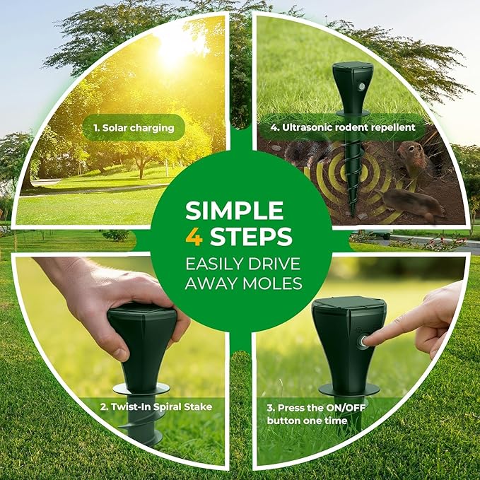 Solar Powered Mole Repellent for Lawns, 8 Packs Ultrasonic Vole Repeller Outdoor, IP 65 Waterproof Outdoor Ultrasonic Mole Deterrent Get Rid of Gopher Vole Skunk Groundhog Snake in Garden Yard Lawn