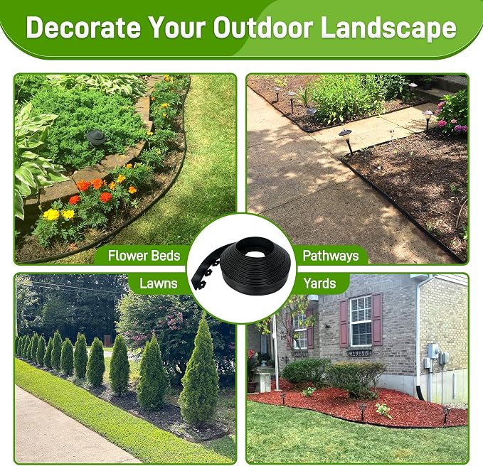 Quibbay 3.15" x 100' Landscape Edging, Flexible Garden Edging Borders with 150 Anchoring Spikes, Plastic Lawn Edging for Landscaping Garden Flower Beds Grass Yard Paver Pathway, Black