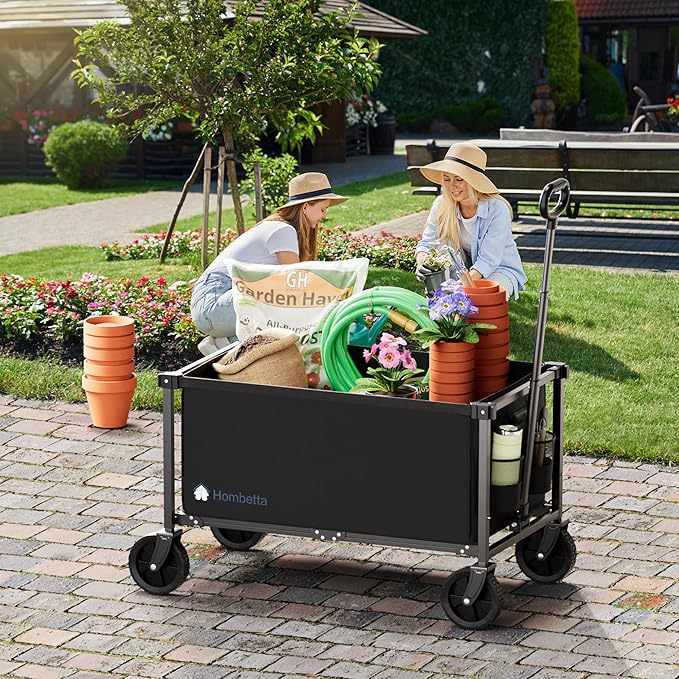 Collapsible Wagon Cart with Wheels, 150L Lightweight Foldable Utility Cart, Portable Rolling Wagon for Garden, Shopping, Sports, Camping, Transport, Black
