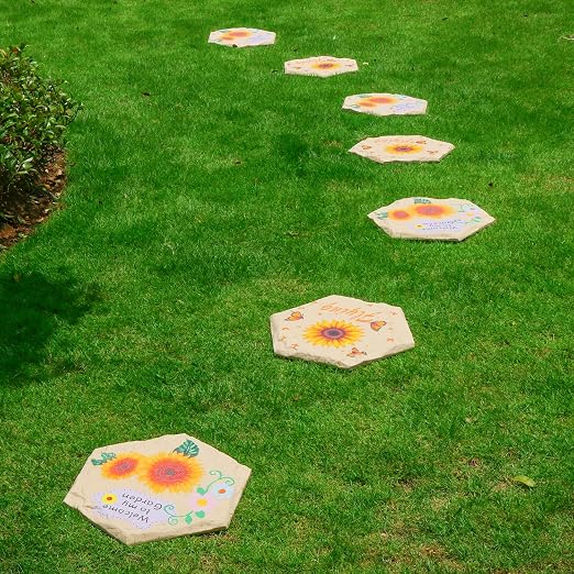 4Pcs Round Sunflower Stepping Stone Outdoor Garden Walkway, Durable Plastic Pavers for Patio, Pathway, and Landscaping, Weatherproof Stepping Stones with Ground Stakes (Hexagon Sunflower)