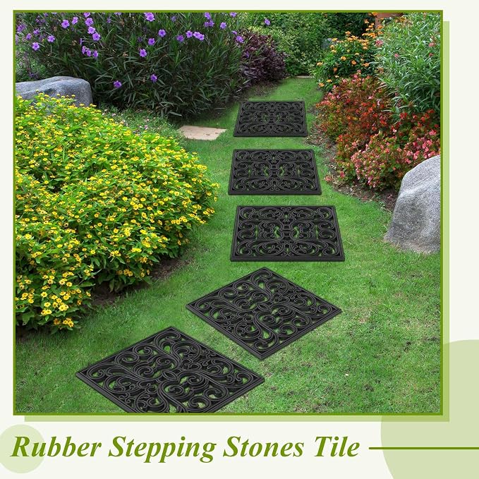 Pangda 8 Pcs Rubber Stepping Stones Outdoor Garden Walkway, 12 x 12 Inch Heavy Duty Pathway Pavers Retro Decorative Stepping Stones for Outside Landscaping Yard Lawn Path (Scroll Square,Black)