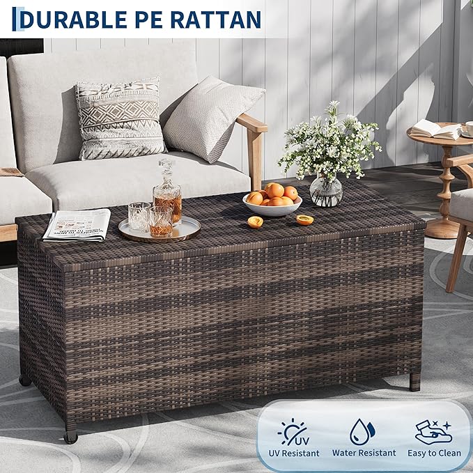 125-Gallon Outdoor Deck Box with Wheels, Waterproof PE Rattan & Aluminum Frame Storage Bin, Lockable Patio Furniture Chest for Cushions, Garden Tools, Pool Toys, Brown