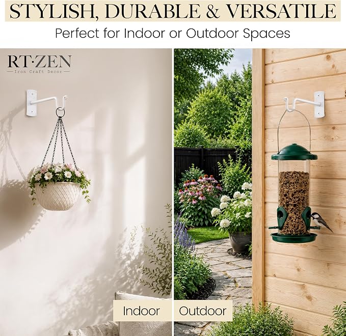 RTZEN Plant Hangers Outdoor or Indoor - Wrought Iron Metal Hanger Indoor Hook - Heavy Duty Wall Bracket Hooks for Hanging Plants Baskets Lanterns Bird Feeders - 2 Pack (White Shepherds Hooks 7.5")