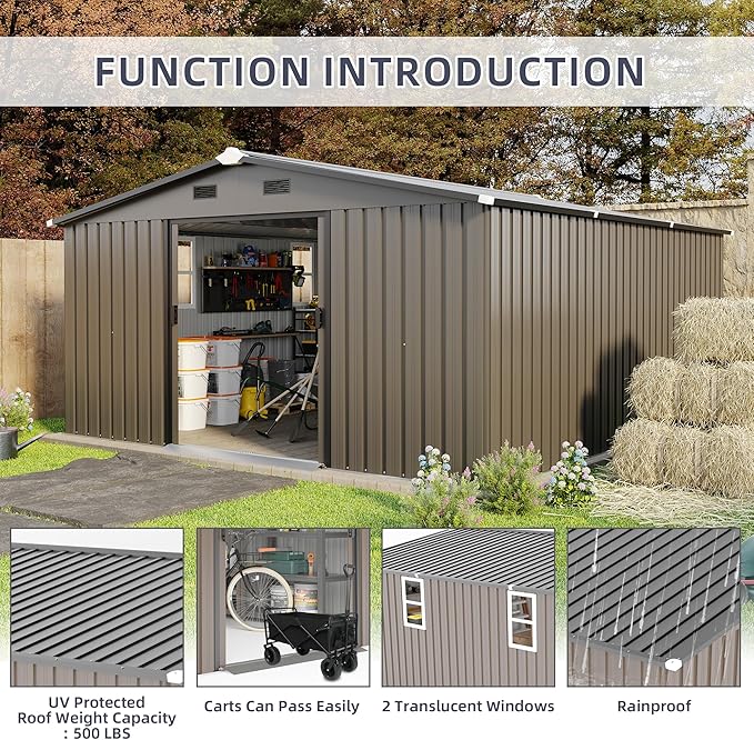 KEIKI 10x12 FT Metal Garden Storage Shed with Foundation Kit, Double Door Outdoor Tool Shed with 2 Windows, Color Steel Construction, Tool Shed for Lawn Equipment, Bikes, Trash Cans, Brown