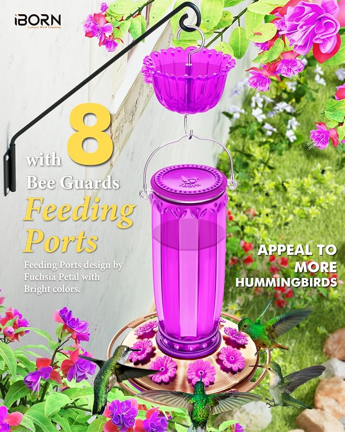 iBorn Hummingbird Feeders for Outdoors Hanging with Ant Moat for Hummingbird Feeder Glass 8 Ports for 16oz Hummingbird Nectar,Fuchsia Magenta, Copper Brush Cover,Pack of 1