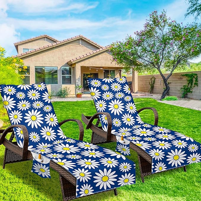 Lounge Chair Towel Cover, Beach Chair Cover (Pack of 2), Pool Lounge Chair Covers for Outdoor,Garden, Beach,Sun Lounger,Hotel Pool,Large Size and No Sliding, 85" X 30", Royal Blue Daisy