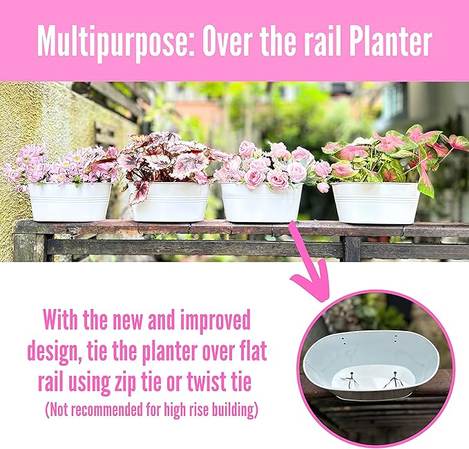 LaLaGreen Outdoor Plants Rail Planter (11.2 Inch, 12 Pack) White Metal Iron Hanging Flower Pots Deck Railings Fence Balcony Modern Boho Style Wall Mount Window Box Plant Holder Hooks Porch Home Décor