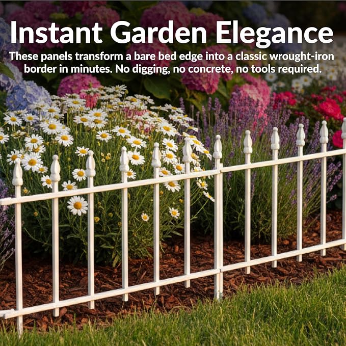 Sunnydaze Decorative Garden Fence Border - 22 in W x 18 in H No Dig Metal Edging for Flower Beds, Yard, Lawn, Pathways and Landscaping - Roman Finial Design - 36ft - 20 Panels - White